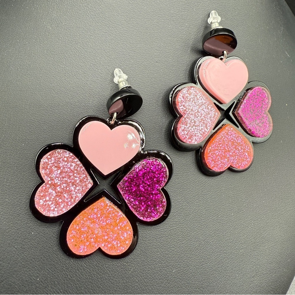 Pretty Sparkly Heart 4 Leaf Clover Earrings in Pink Ombre - Acrylic Pierced